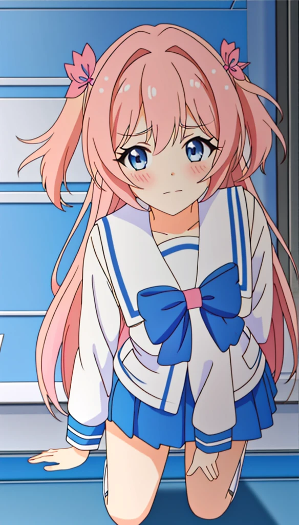 is，squat，angle from bottom to top，high ，sailor uniform，pink hair blue eyes shy，being realistic，adorable