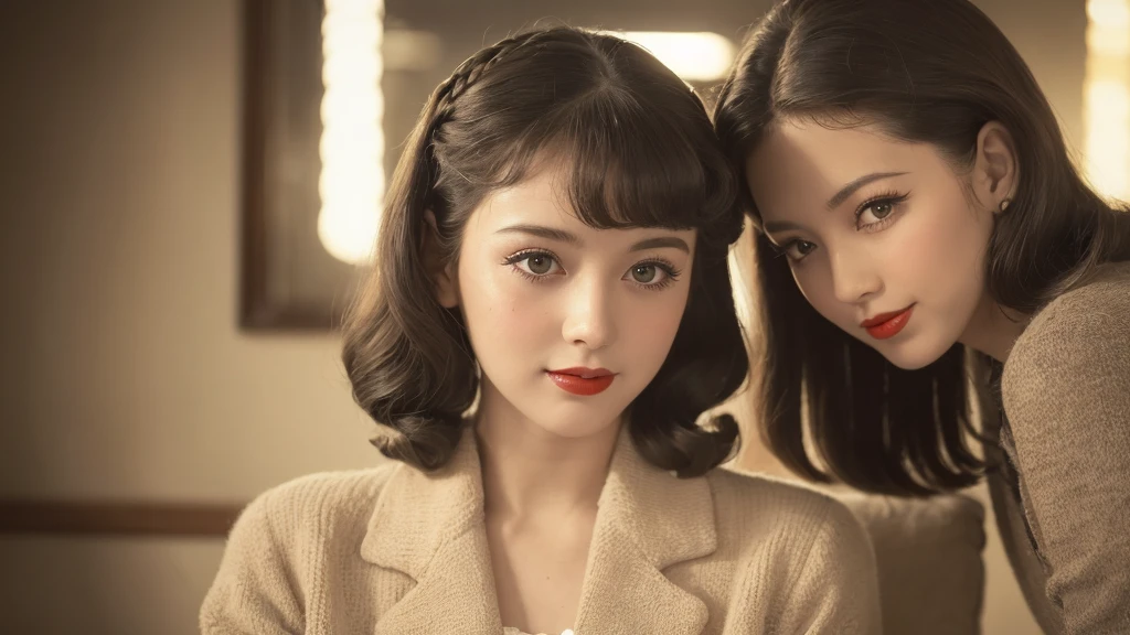 (1940s girl:1.3), (1girl:1.3), smile shyly, (highly detailed face), (extremely detailed beautiful face), (Early Showa hairstyle, retro hairstyle, 1940 fashionable clothing, oldies fashion:1.3), (Best Quality:1.4), (Ultra-detailed), extremely detailed CG unified 8k wallpaper, Realistic portrait, Beautiful detailed, High-definition raw color photos, professional photography, (fine face:1.2), focus on women, (oldies, oldies songs, Old photos, retro photos, sepia photos, valuable photos that give you a sense of the times), A scene from a retro movie from the 1940s,