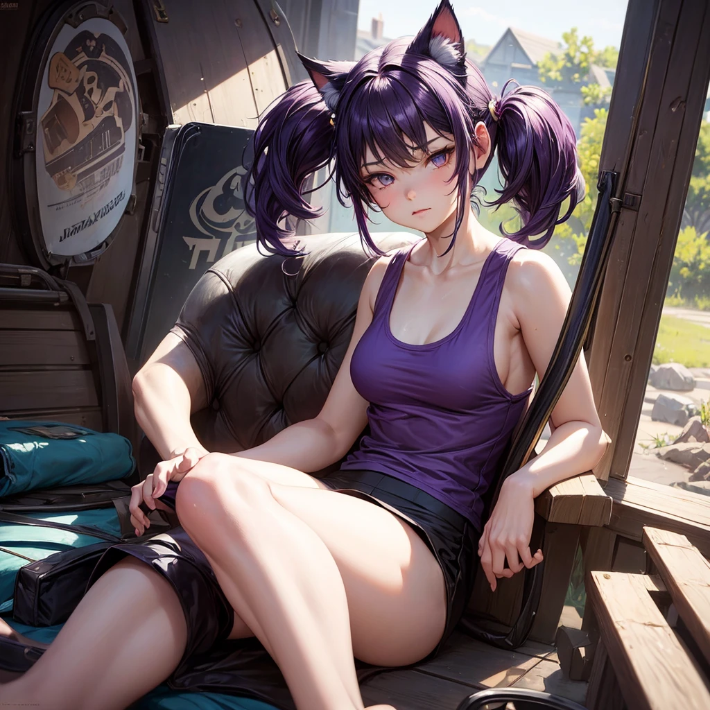 Cat ear, alone, Jeremy Lipking, William Bouguereau, (Alphonse Mucha:0.5), By d-art , SFW Purple Hair Girl, Cat ears and tail, Wearing a tank top and racing pants. body type Twin tails Female genitalia is visible Detailed depiction of female genitalia Flat Chest Stern expression Spread your legs