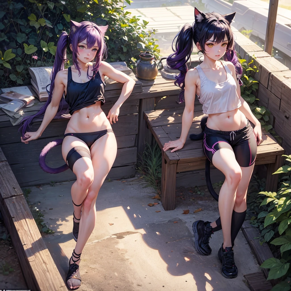  Cat ear, alone, Jeremy Lipking, William Bouguereau, (Alphonse Mucha:0.5), By d-art , SFW Purple Hair Girl, Cat ears and tail, Wearing a tank top and racing pants.　Loli body type　　Twin tails　Female genitalia is visible　　Detailed depiction of female genitalia　Flat Chest　Stern expression　Spread your legs