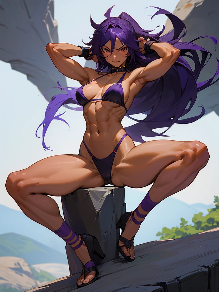 18 year old Yoruichi Shihōin from Bleach with tanned skin in a purple thong bikini flexing her muscles with her hands behind her head so they are not visible to pridefully show off her rock hard abs and sitting on her heels on a mountain ledge, highly detailed 