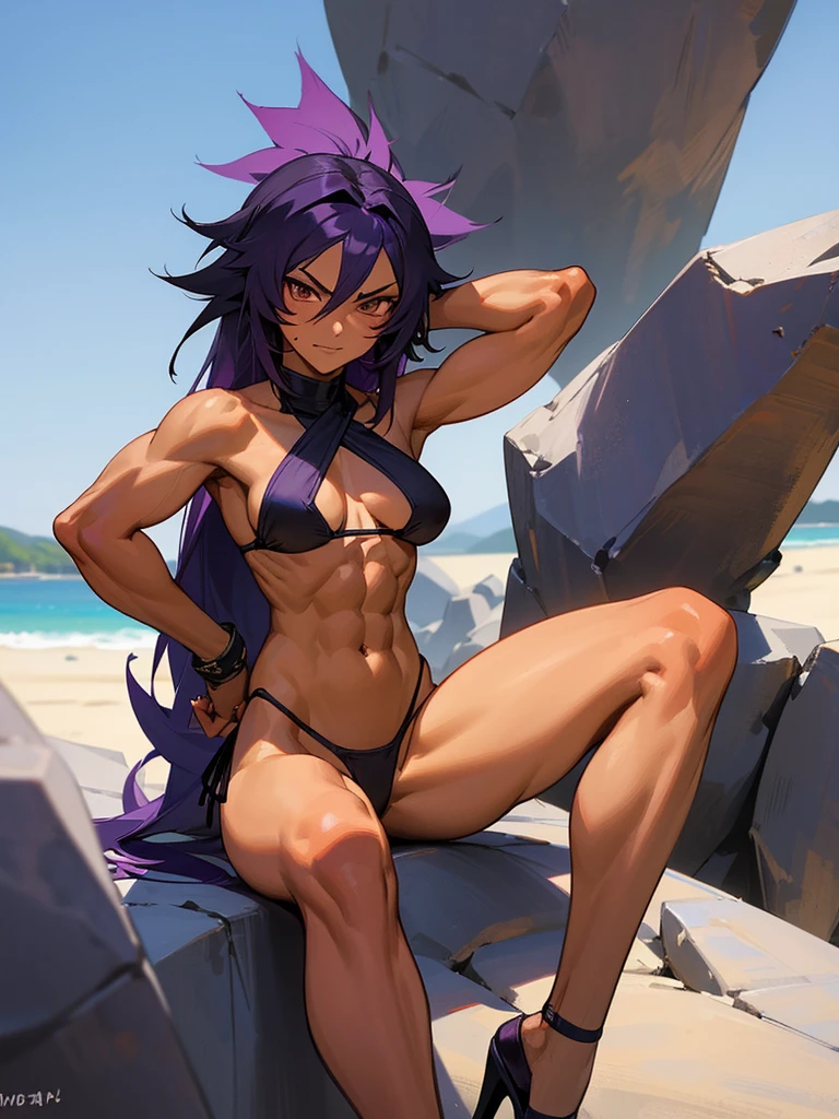 18 year old Yoruichi Shihōin from Bleach with tanned skin in a purple thong bikini flexing her muscles with her hands behind her head so they are not visible to pridefully show off her rock hard abs and sitting on her heels on a mountain ledge, highly detailed