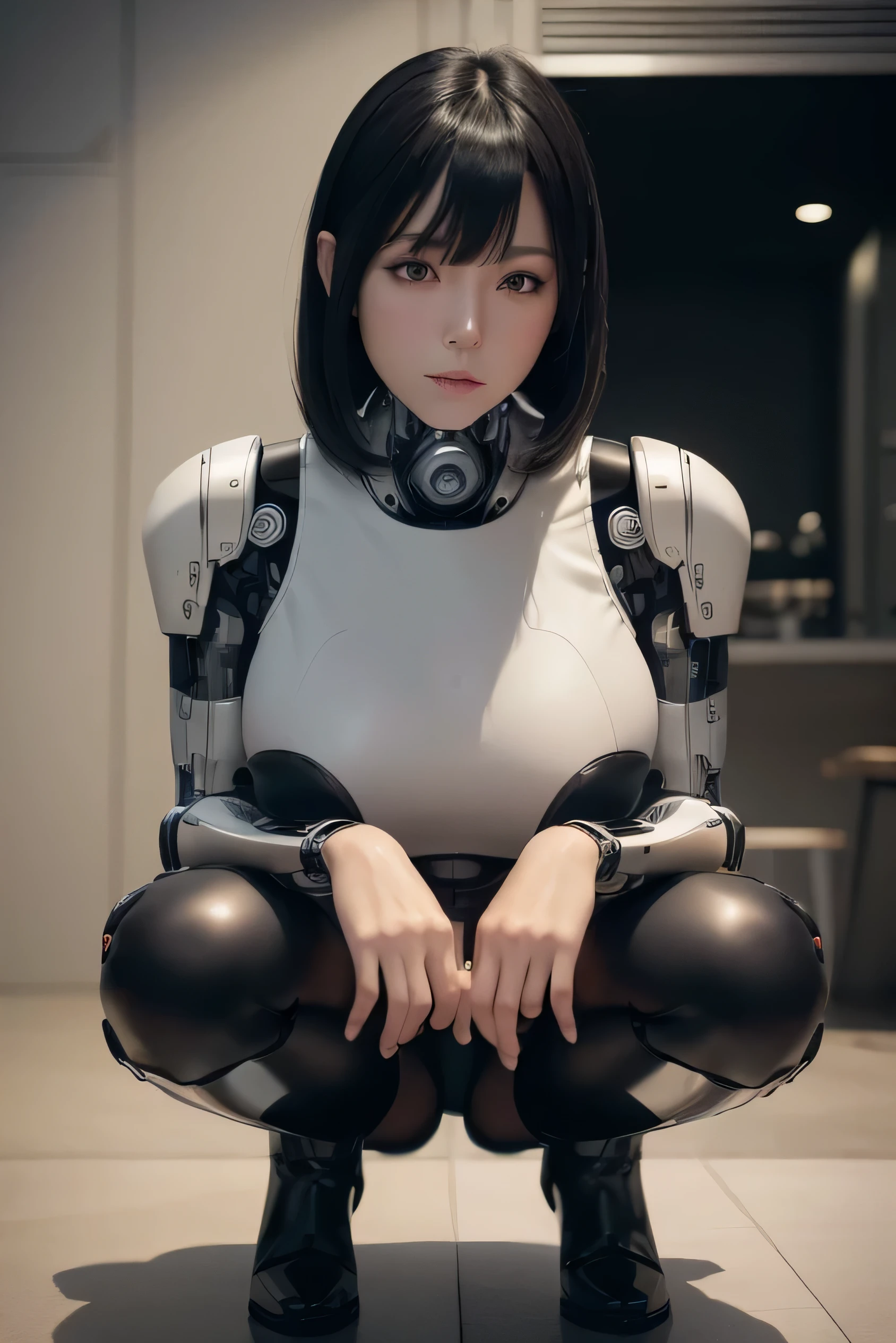 (photorealistic:1.4), (RAW photo)masterpiece, best quality, extremely detailed, (8K, 4K, Best Quality, hight resolution, 超A high resolution:1.1), (masutepiece, Realistic, Photorealsitic:1.1)Japanese android woman,Plump , announcer,control panels,activate,Squat,android,droid,Mechanical Hand,Robot arms and legs, Black Robot Parts,black hair,darkblack knee high socks,black sponge joints,blunt bangs,white robot body,ceramic body,leather boots,perfect cyborg girl