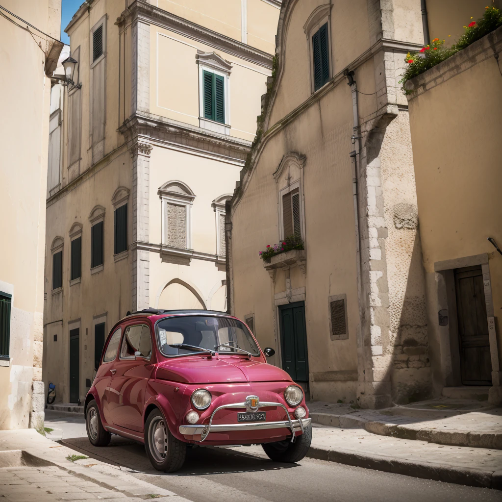 (FIAT500, classical old Italian Fiat 500 car, sassi_di_matera), a small fucsia car. The old Fiat 500 that runs through the alleys of the Sassi of Matera. Photorealistic shot giving the motion blur of speed.