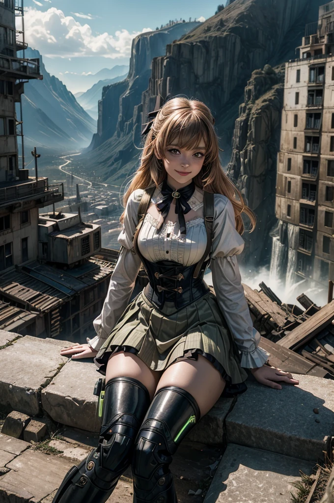 cowboy shot,  smile,  underbust, Penny Polendina, long hair, neck ribbon, suspender skirt, corset, black bow, white blouse, mechanical legs, neon trim, sitting in city ruins on hill, in valley, BREAK mountains in background, waterfall, crowd, (crowd in military dress), post-apocalypse, dystopian future, (volumetric lighting), intricate details, tonemapping, sharp focus, hyper detailed, 

