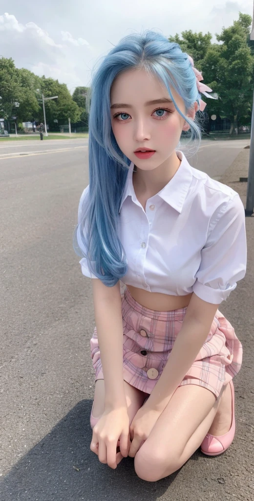 (detailed beautiful eyes and detailed face, masterpiece side light, masterpiece, best quality, detailed, high resolution illustration), (1 girl, beautiful girl, shiny skin), (sky blue hair, pink colored eyes, skirt, ribbon, button- shirt)(kneeling on the ground)