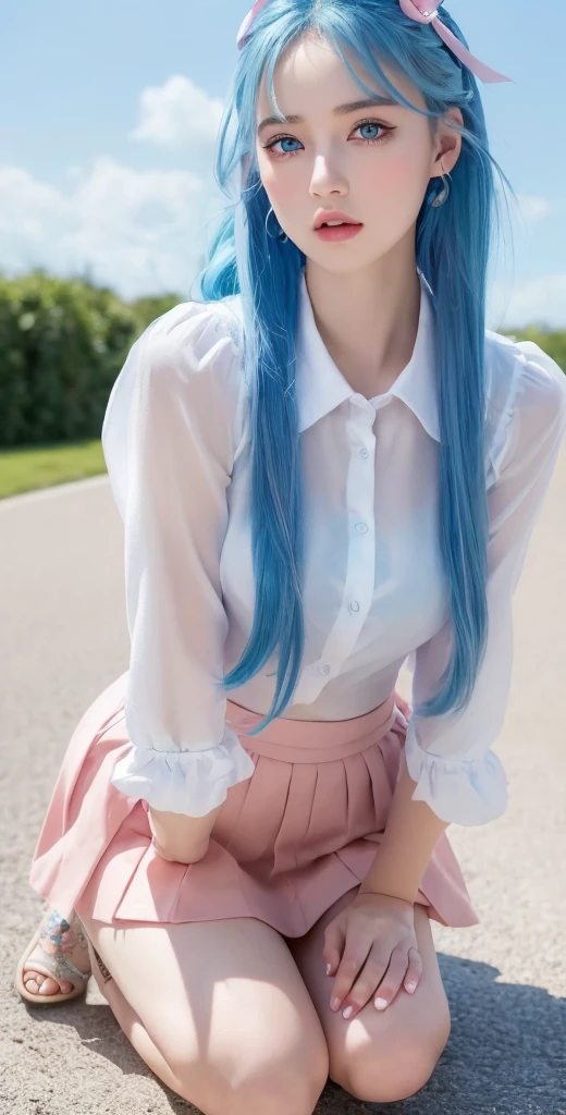 (detailed beautiful eyes and detailed face, masterpiece side light, masterpiece, best quality, detailed, high resolution illustration), (1 girl, beautiful girl, shiny skin), (sky blue hair, pink colored eyes, skirt, ribbon, button- shirt)(kneeling on the ground)
