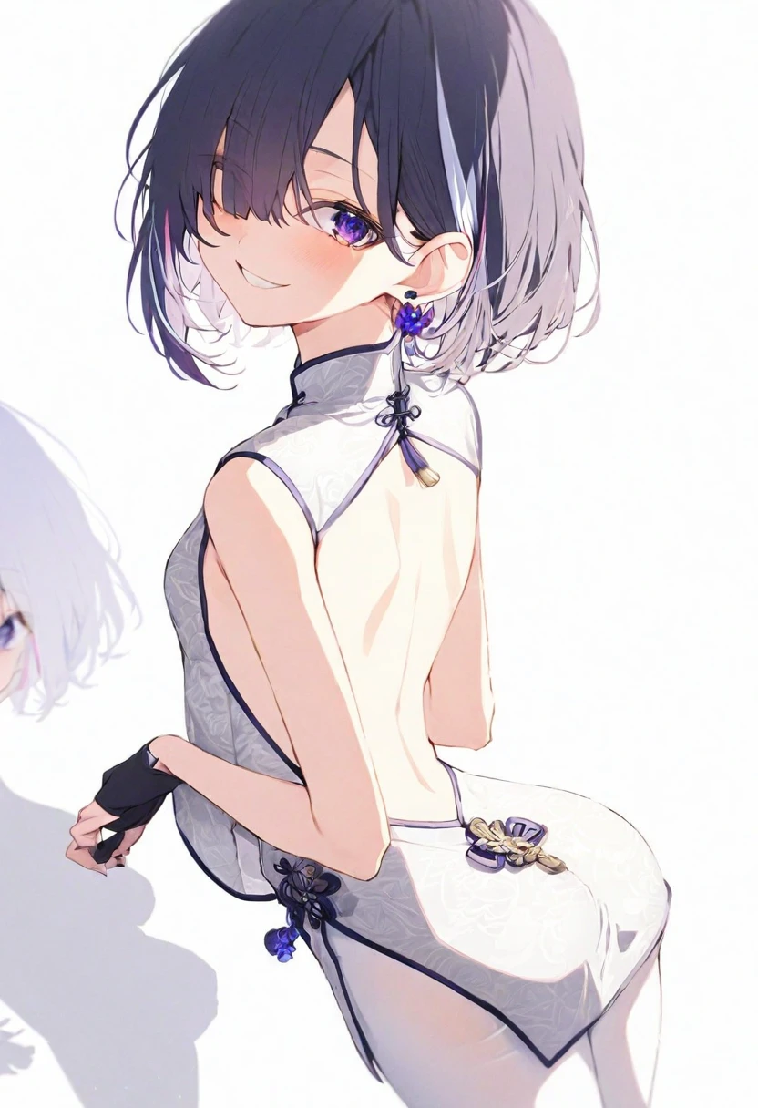 (muste piece), (best quality), very detailed eyes, expressive eyes, perfect face, very detailed face, highly detailed face, beautiful girl, 8K, beautiful girl, white background, delicate and beautiful face and eyes, dark intense shadow,
1 girl, vtuber style, cool girl, hololive, amane kanata, streaked hair, short hair, china dress,chinese clothes, earrings, white pantyhose, Backless clothing, back, back to viewer, ass, lower body, small chest, cropped shoulders, clavicle, one eye close winking, smile, body visible through clothes, chest visible through clothes, (full body), standing,