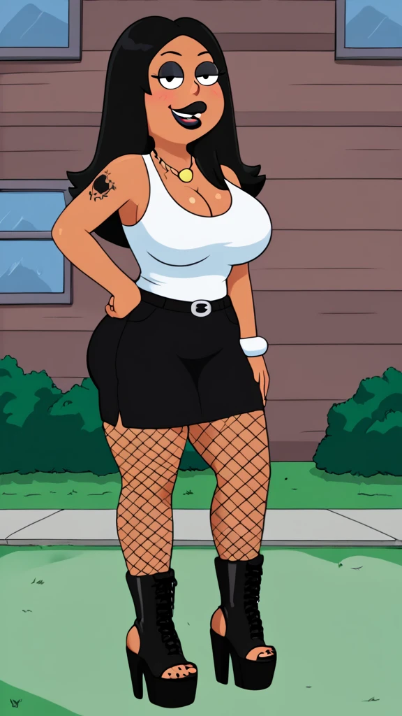 francine, flat color, black hair, 1girl, long hair, white braclet, extra large breasts, dark skin, solo, necklace, cleavage, black goth clothes, black lips, nsfw, standing, looking at viewer, outdoors, full-body, smile, blushing, open-toe platform boots, black eyeliner, multiple tattoos, plump mouth, fishnet leggings, thick thighs, thick butt, bimbo