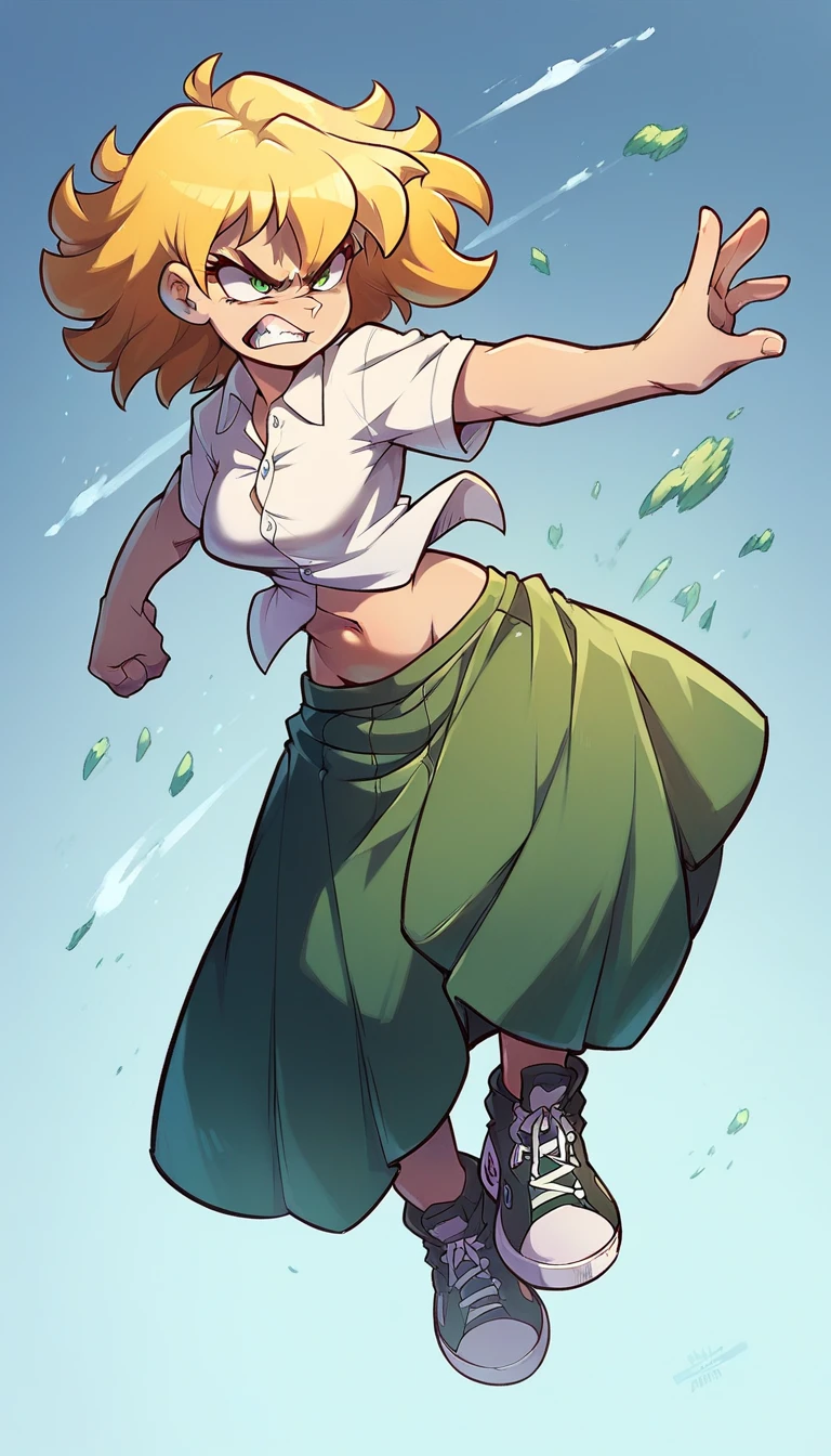 A tall girl beautiful angry upset face angry serious long wavy yellow hair her green eye wears a white shirt button tied knot shows navel sexy curve and her green skirt wearing black heels sneakers fighting combat battle