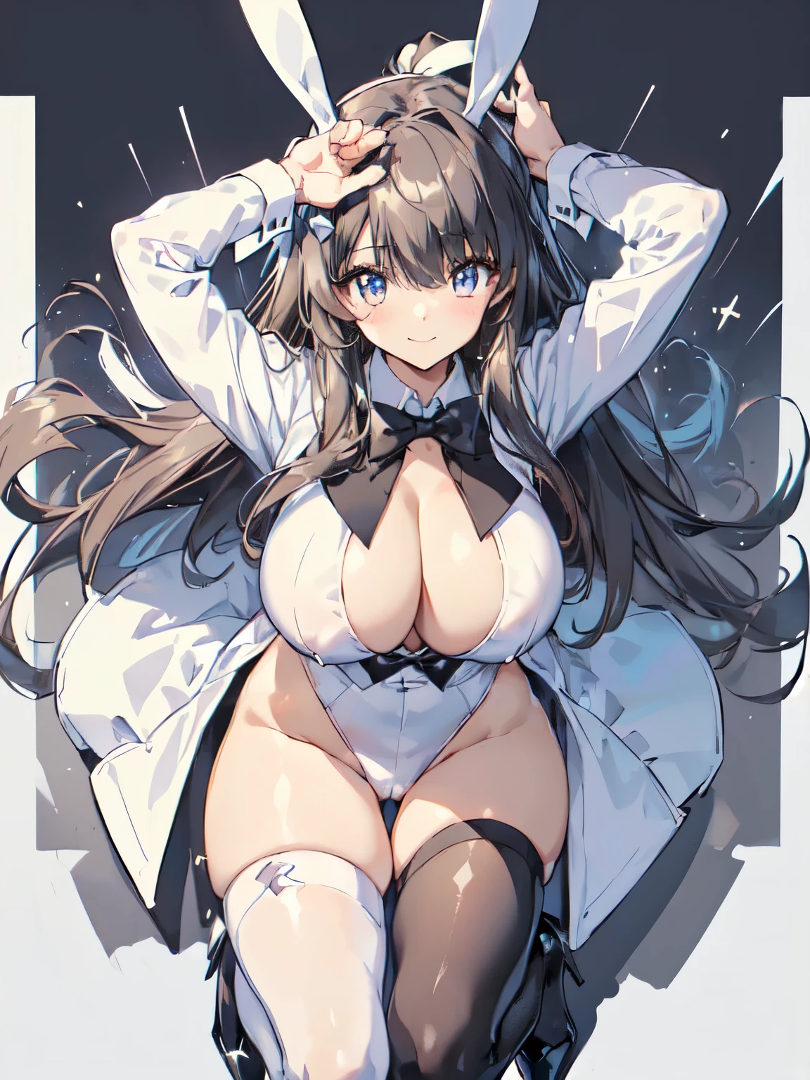 (tuxedo jacket), (white leotard), smiling(short height)(young girl), (black bunny ears), (huge round breasts)(big boobs), narrow waist, belly button, small hips, (bare hips), (thin legs)(bare legs), (thin thighs)spread, (white high-heel), (silver ponytail)(white ribbon), (Highly Detailed CG Unity 8K Wallpaper) (Better Quality) (Better lighting)