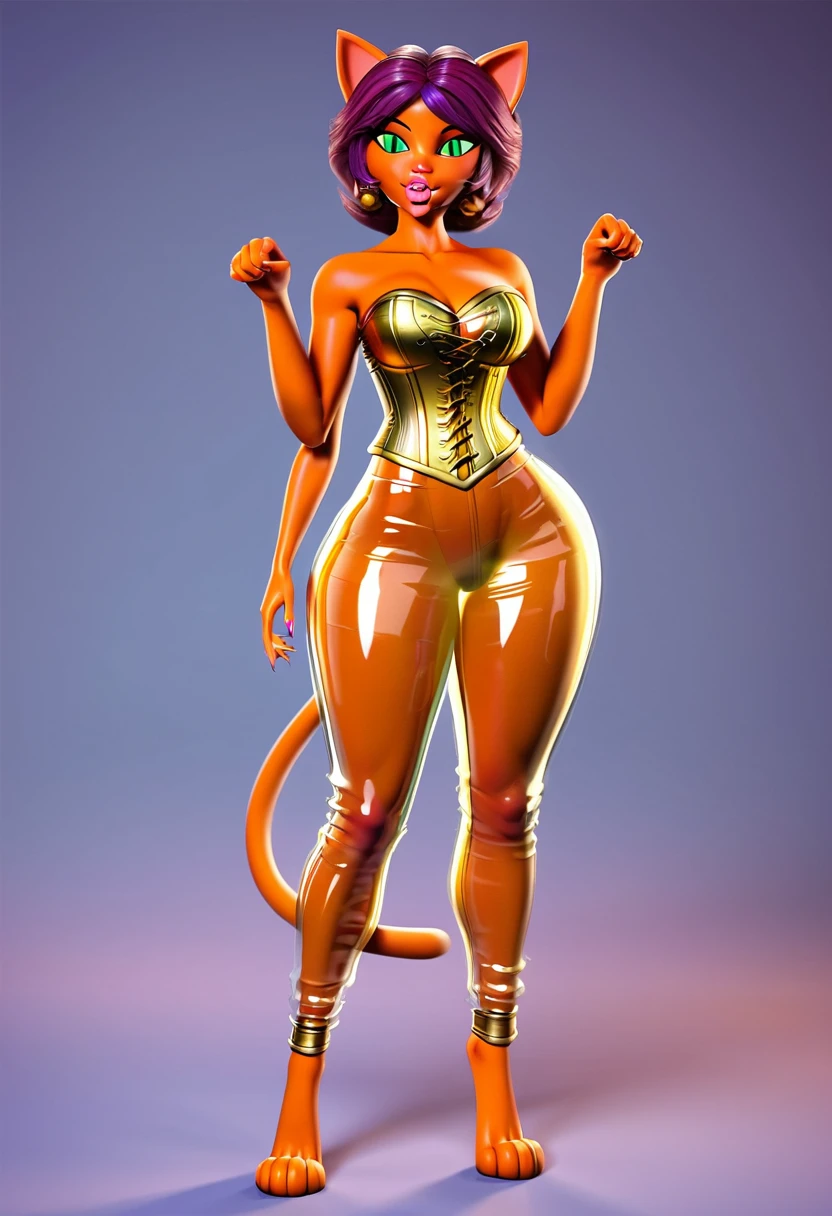 indian, older female, ifbb, bimbo, milf, multiple limbs, multiple arms, skinny, long legs, digitigrade, thick thighs, big calves, wide hips, big butt, forked tail, cat tail, cat ears, snout, maw, fangs, thick lips, slit eyes, colored body, orange body, orange skin, orange fur, purple hair, green eyes, transparent glass corset, golden translucent super reflective glossy gold sari, iridescent see-through mesh arabic pants
