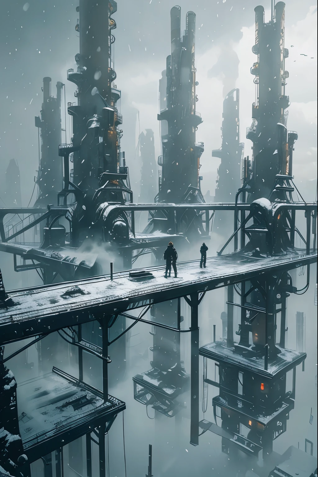 WasteLand, scenery, building, snowing, outdoors, city, science fiction, standing, sky, fog, solo, bridge, 1boy,