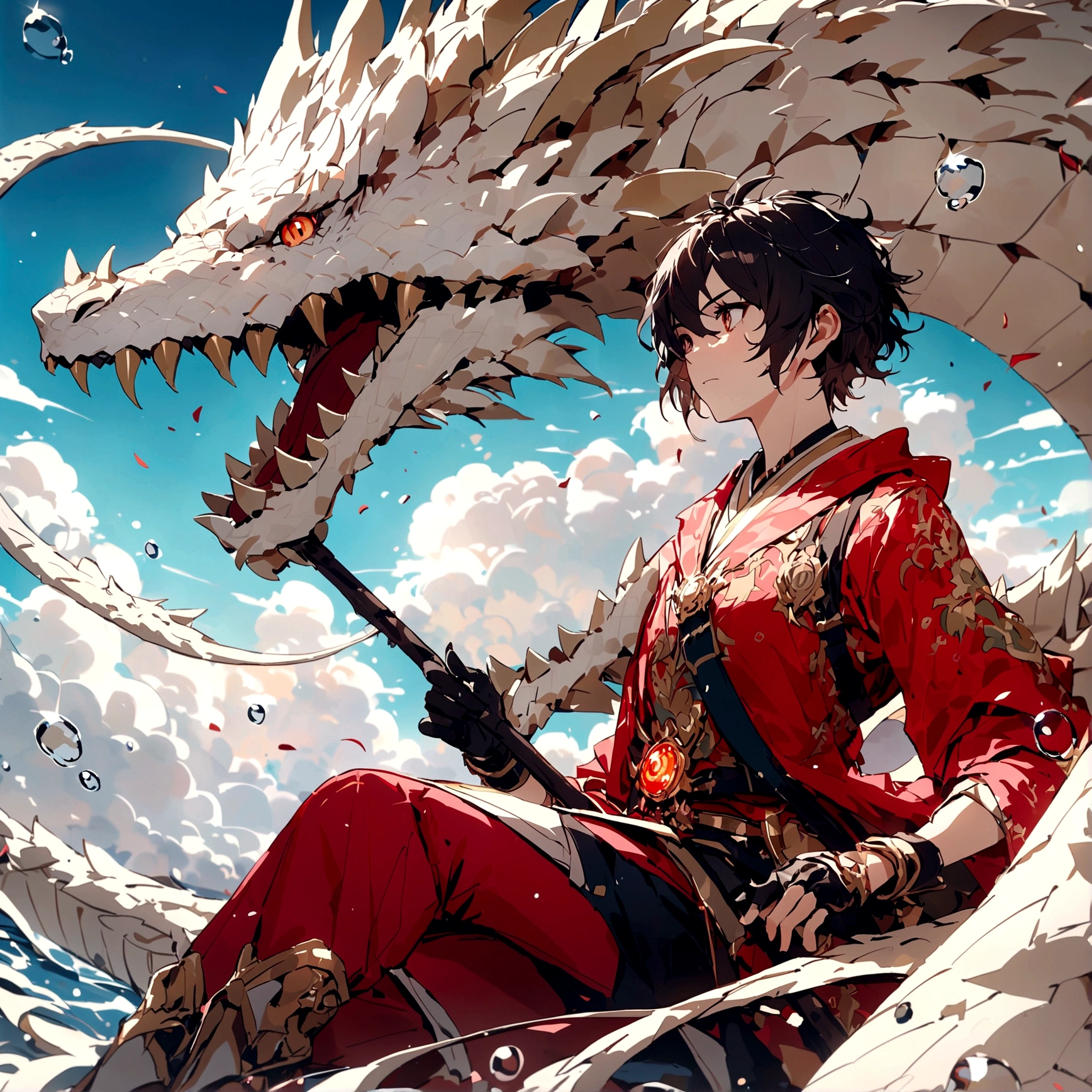 (Handsome boy riding a dragon),Stroking the dragon's cheek,Red Chinese Dragon,ripple,The air is filled with water droplets,Cloud Effect:1.5,Elongated dragon body,elevation,Vision,Super Detail,Best quality,masterpiece,(8K,Extremely detailed,Epic artwork