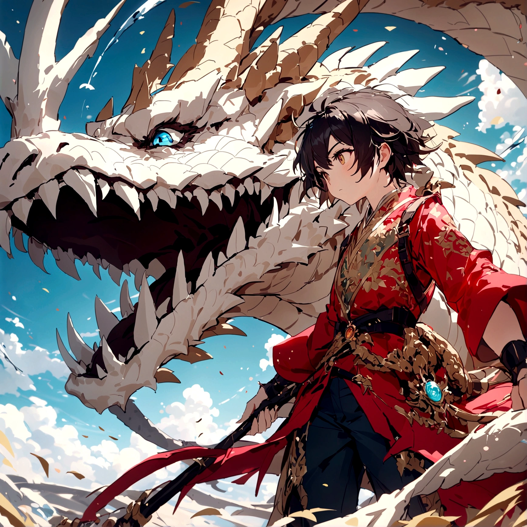 (Handsome boy riding a dragon),Stroking the dragon's cheek,Red Chinese Dragon,ripple,The air is filled with water droplets,Cloud Effect:1.5,Elongated dragon body,elevation,Vision,Super Detail,Best quality,masterpiece,(8K,Extremely detailed,Epic artwork
