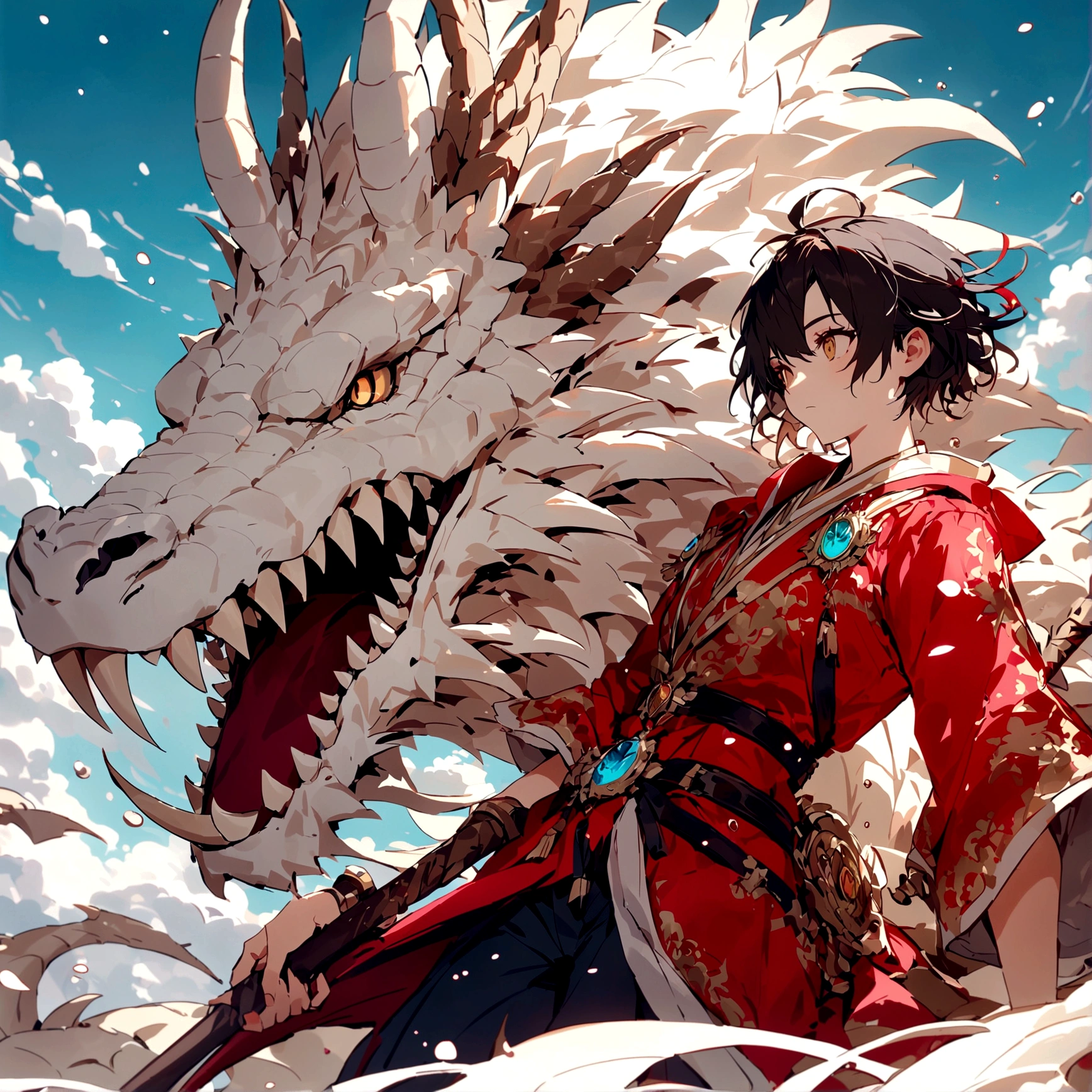 (Handsome boy riding a dragon),Stroking the dragon's cheek,Red Chinese Dragon,ripple,The air is filled with water droplets,Cloud Effect:1.5,Elongated dragon body,elevation,Vision,Super Detail,Best quality,masterpiece,(8K,Extremely detailed,Epic artwork