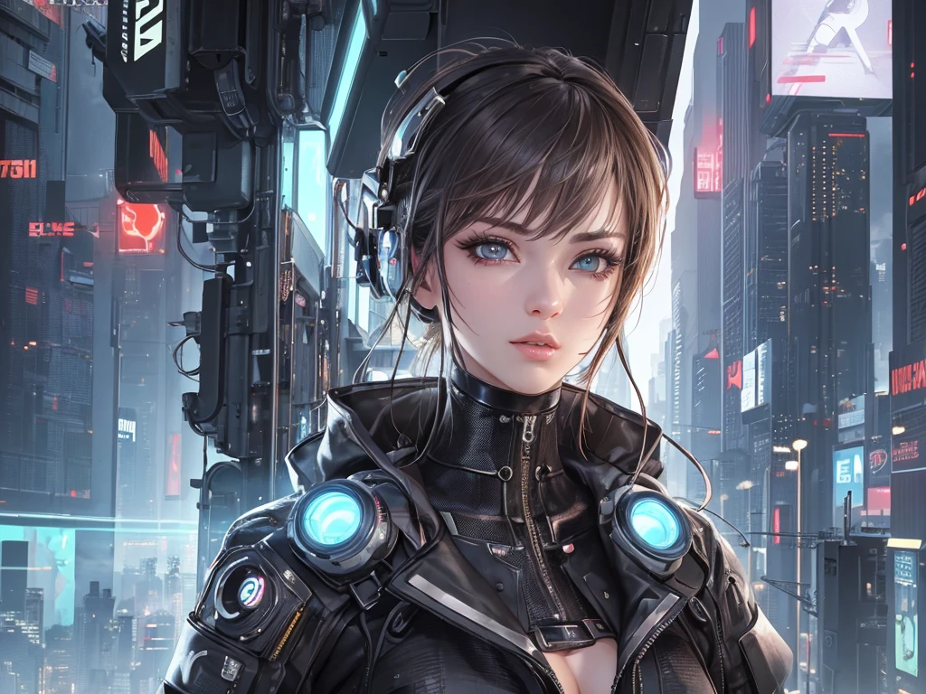 (masterpiece), (best quality), (very detailed), (1 person), (cyberpunk), future city background, detailed eyes, Detailed nose, Detailed lips, perfect face, perfect body, revealing clothing, (((whole body)))