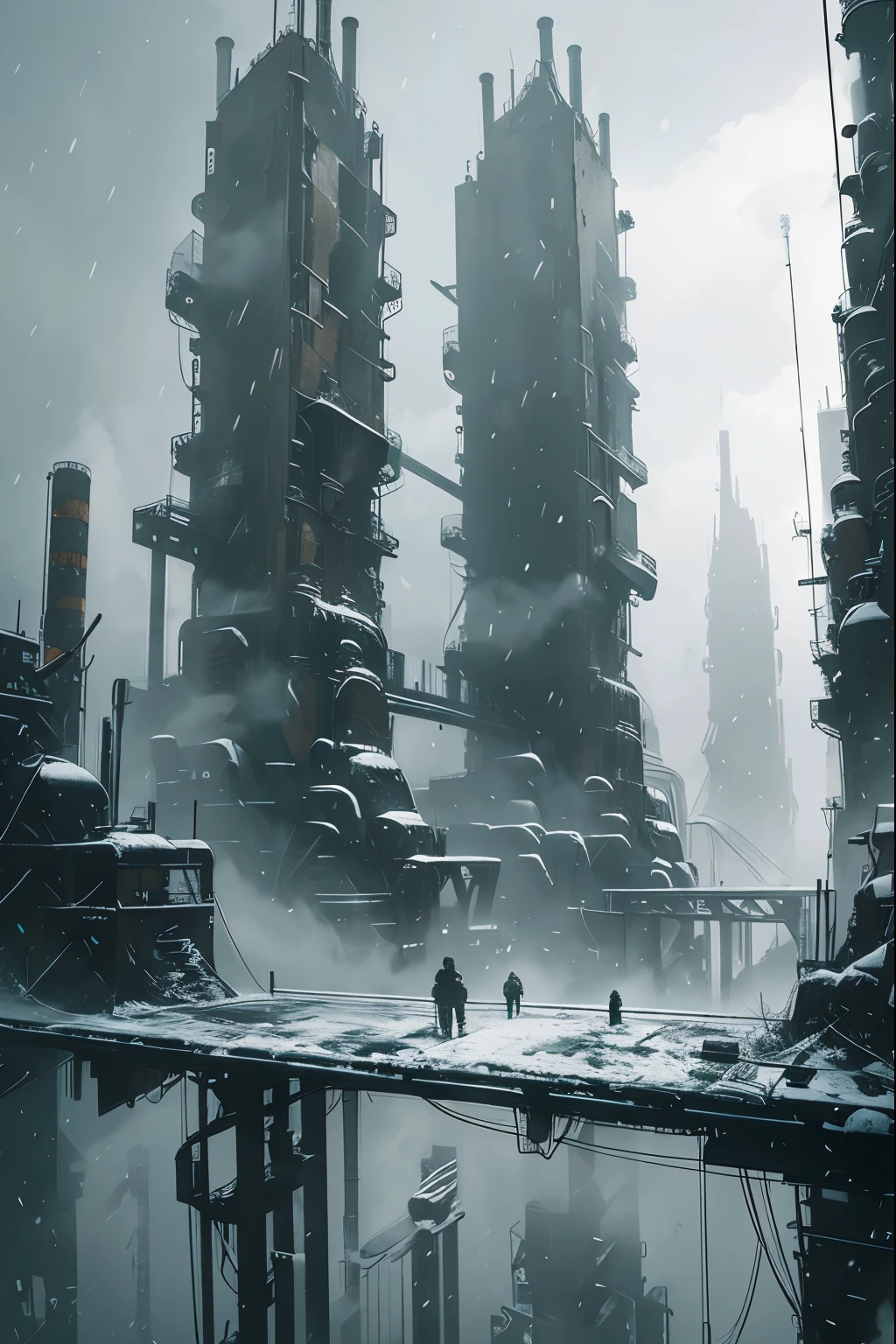 WasteLand, scenery, building, snowing, outdoors, city, science fiction, standing, sky, fog, solo, bridge, 1boy,