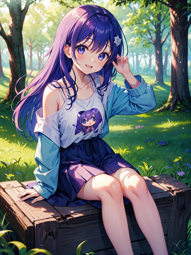 blue sky、forest、Sunshine、One girl、Big Eyes、Purple Hair、long hair、Sitting on a big tree、Pink camisole、hoodie、Chuck open、Smile with your mouth closed、Cowboy shot masterpiece、Highest quality