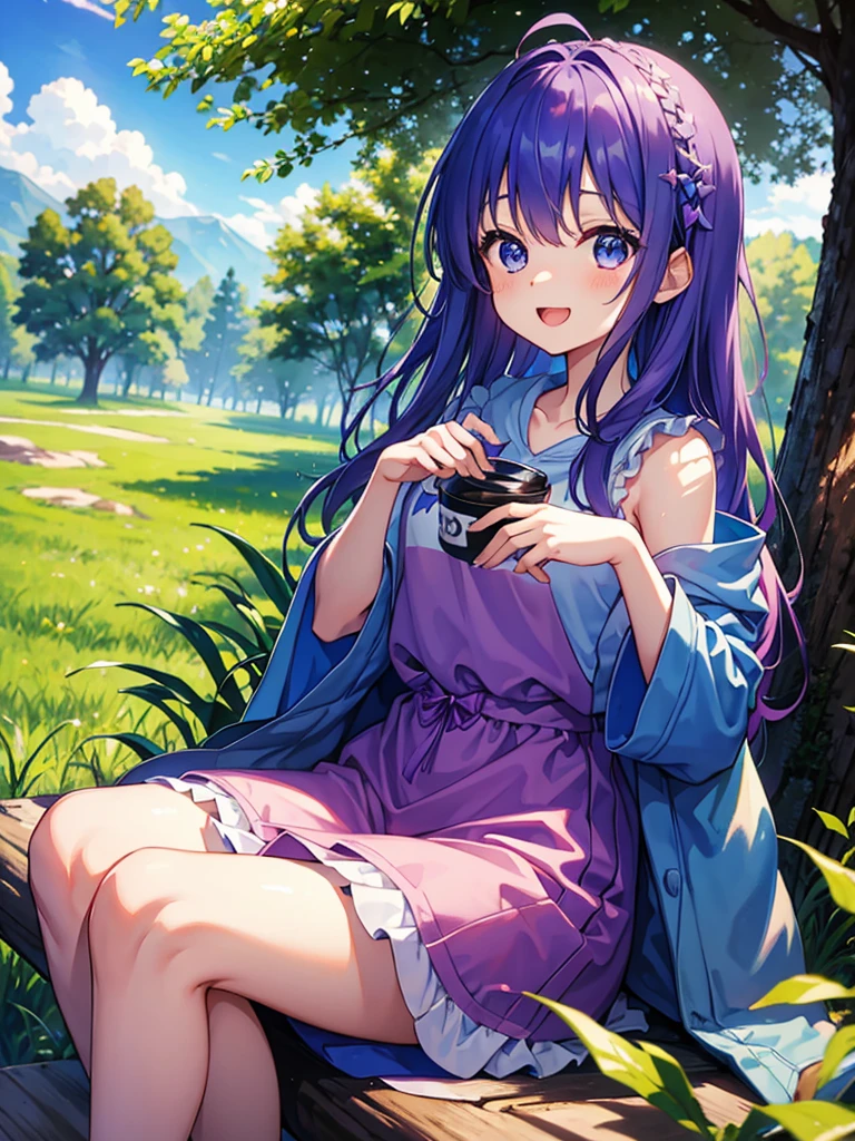 blue sky、forest、Sunshine、One girl、Big Eyes、Purple Hair、long hair、Sitting on a big tree、Pink camisole、hoodie、Chuck open、Smile with your mouth closed、Cowboy shot masterpiece、Highest quality