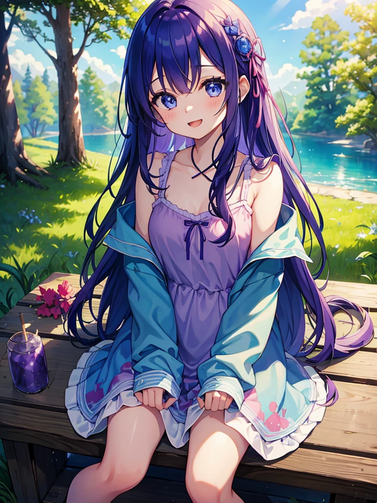 blue sky、forest、Sunshine、One girl、Big Eyes、Purple Hair、long hair、Sitting on a big tree、Pink camisole、hoodie、Chuck open、Smile with your mouth closed、Cowboy shot masterpiece、Highest quality
