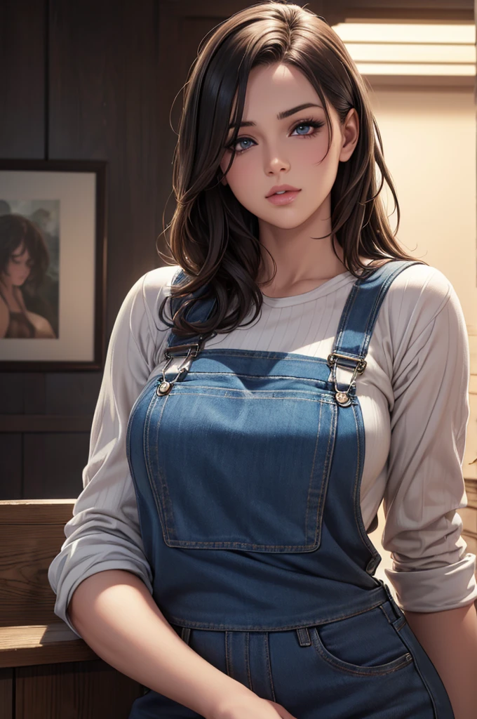 a woman in overalls, beautiful detailed eyes, beautiful detailed lips, extremely detailed eyes and face, long eyelashes, realistic, photorealistic, photo-realistic:1.37, (best quality,4k,8k,highres,masterpiece:1.2),ultra-detailed,(realistic,photorealistic,photo-realistic:1.37),HDR,UHD,studio lighting,ultra-fine painting,sharp focus,physically-based rendering,extreme detail description,professional,vivid colors,bokeh,portrait