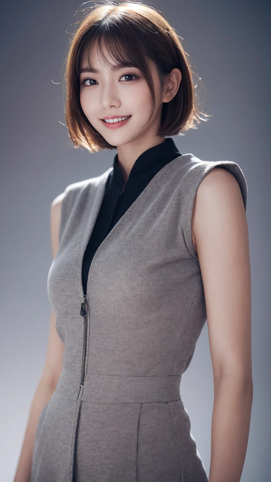 One Girl, (Wear trendy fashion:1.2), (RAW Photos, Highest quality), (Realistic, Realistic:1.4), Tabletop, Very delicate and beautiful, Very detailed, 2k wallpaper, wonderful, In detail, Very detailedな CG Unity 8K 壁紙, Very detailedな, High resolution, Soft Light, Beautiful detailed girl, Looking into the camera、Very detailedな目と顔, Beautiful and sophisticated nose, Beautiful details, short hair, small, Grey clothes、White Background、Background is white、Cinema Lighting, Perfect Anatomy, Slender body, smile,