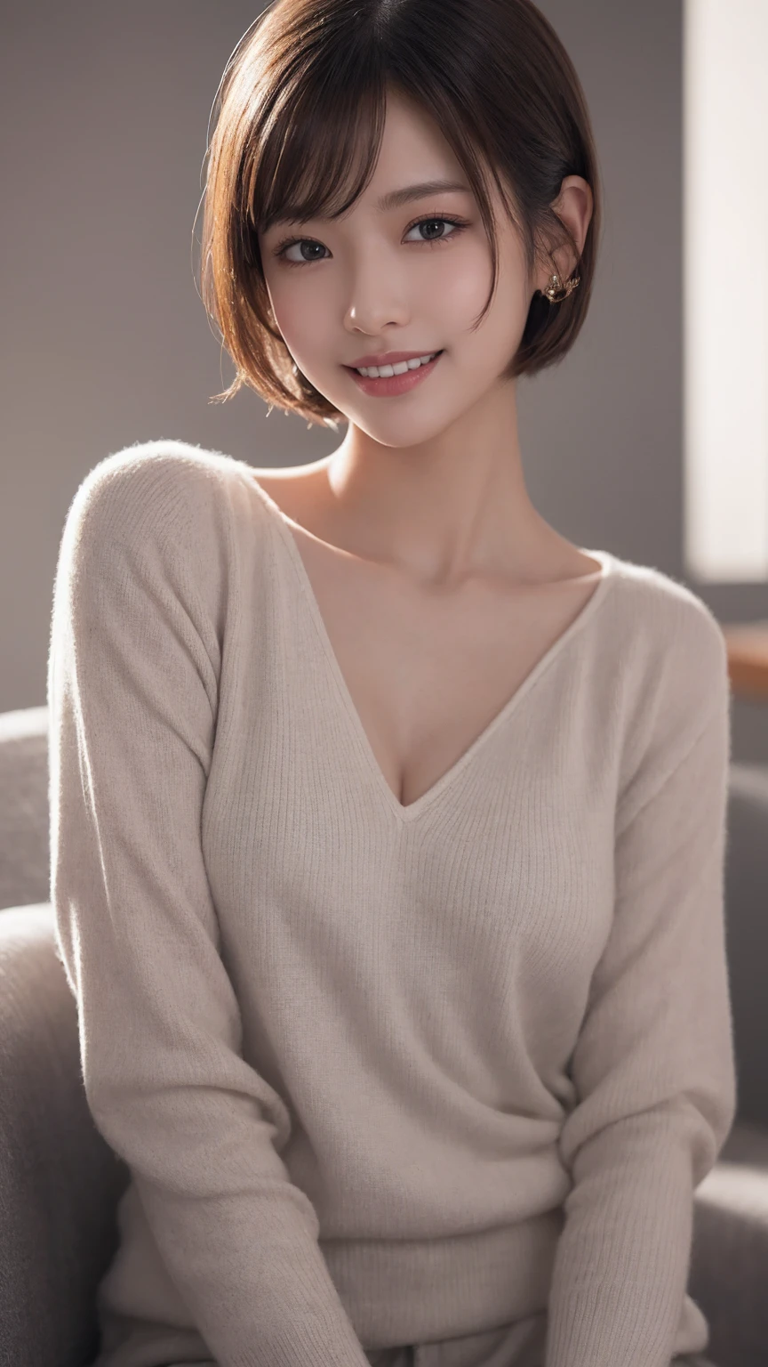 (highest quality,8k,masterpiece),
日本人Mature Woman,40 years,Mature Woman,Pure white skin, Tabletop、Chest top view、
(Plump breasts 1.3)、　((Beige crew neck knit))、Light blue denim pants、Random Hairstyles、
,A kind smile、A captivating gaze、Living room at home、