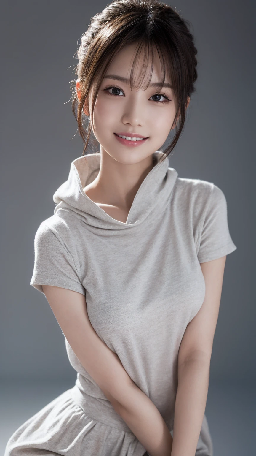 One Girl, (Wear trendy fashion:1.2), (RAW Photos, Highest quality), (Realistic, Realistic:1.4), Tabletop, Very delicate and beautiful, Very detailed, 2k wallpaper, wonderful, In detail, Very detailedな CG Unity 8K 壁紙, Very detailedな, High resolution, Soft Light, Beautiful detailed girl, Looking into the camera、Very detailedな目と顔, Beautiful and sophisticated nose, Beautiful details, short hair, small, Grey clothes、White Background、Background is white、Cinema Lighting, Perfect Anatomy, Slender body, smile,