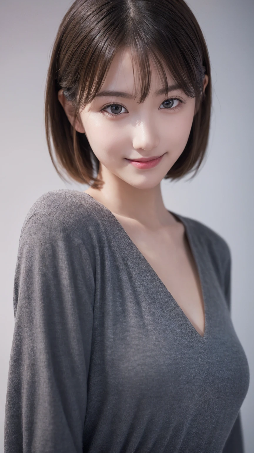 One Girl, (Wear trendy fashion:1.2), (RAW Photos, Highest quality), (Realistic, Realistic:1.4), Tabletop, Very delicate and beautiful, Very detailed, 2k wallpaper, wonderful, In detail, Very detailedな CG Unity 8K 壁紙, Very detailedな, High resolution, Soft Light, Beautiful detailed girl, Looking into the camera、Very detailedな目と顔, Beautiful and sophisticated nose, Beautiful details, short hair, small, Grey clothes、White Background、Background is white、Cinema Lighting, Perfect Anatomy, Slender body, smile,
