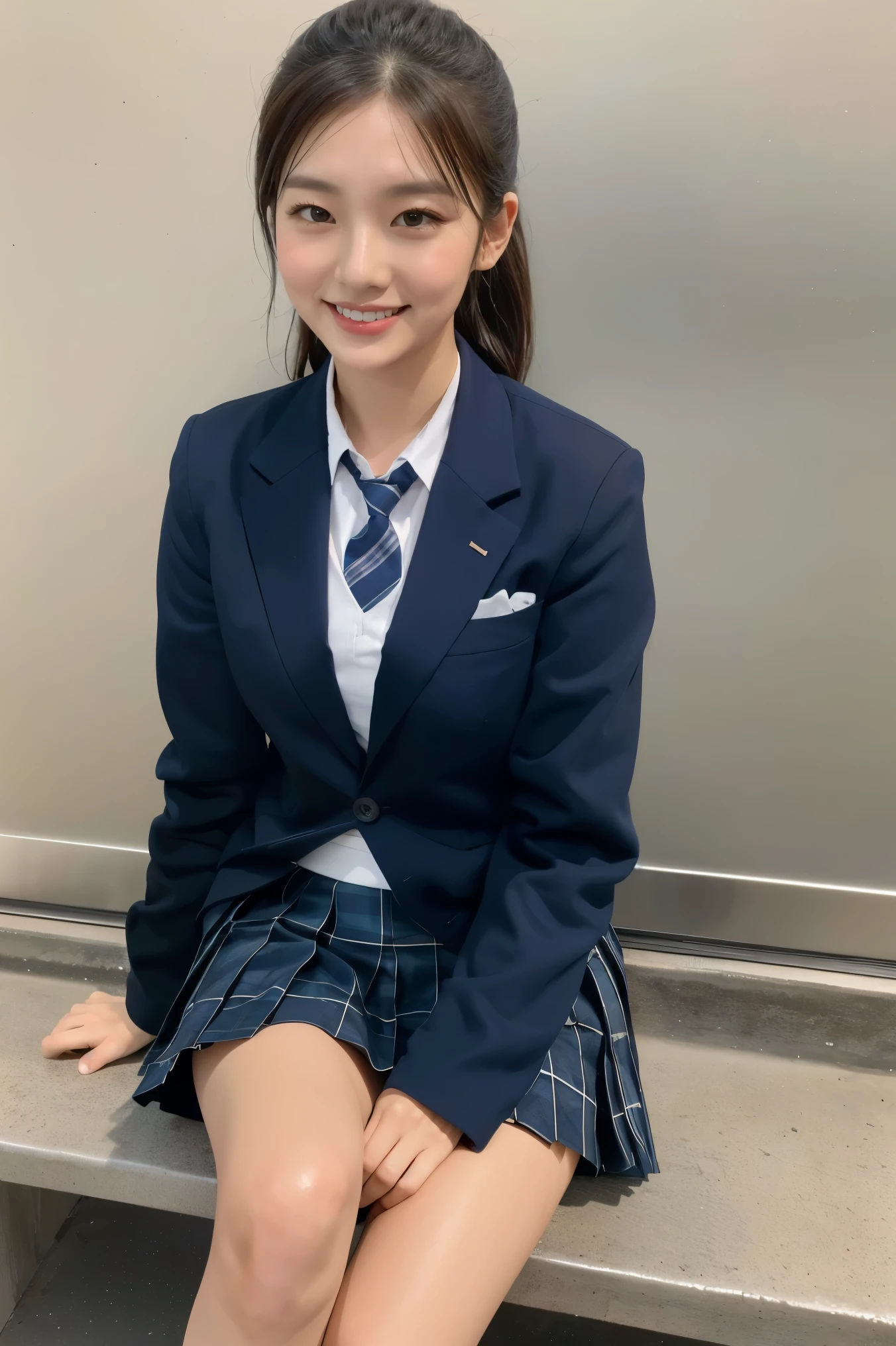 Girls at the station,Navy blue long-sleeved blazer,White collar with checkered bow tie,Grey Plaid Pleated Micro Mini Skirt,Navy blue knee socks,school bag,18-year-old,bangs,A small smile,Thighs,knees,Low ponytail with barrette,From the side,Front light, Long Hair, chest, 大きなchest, 