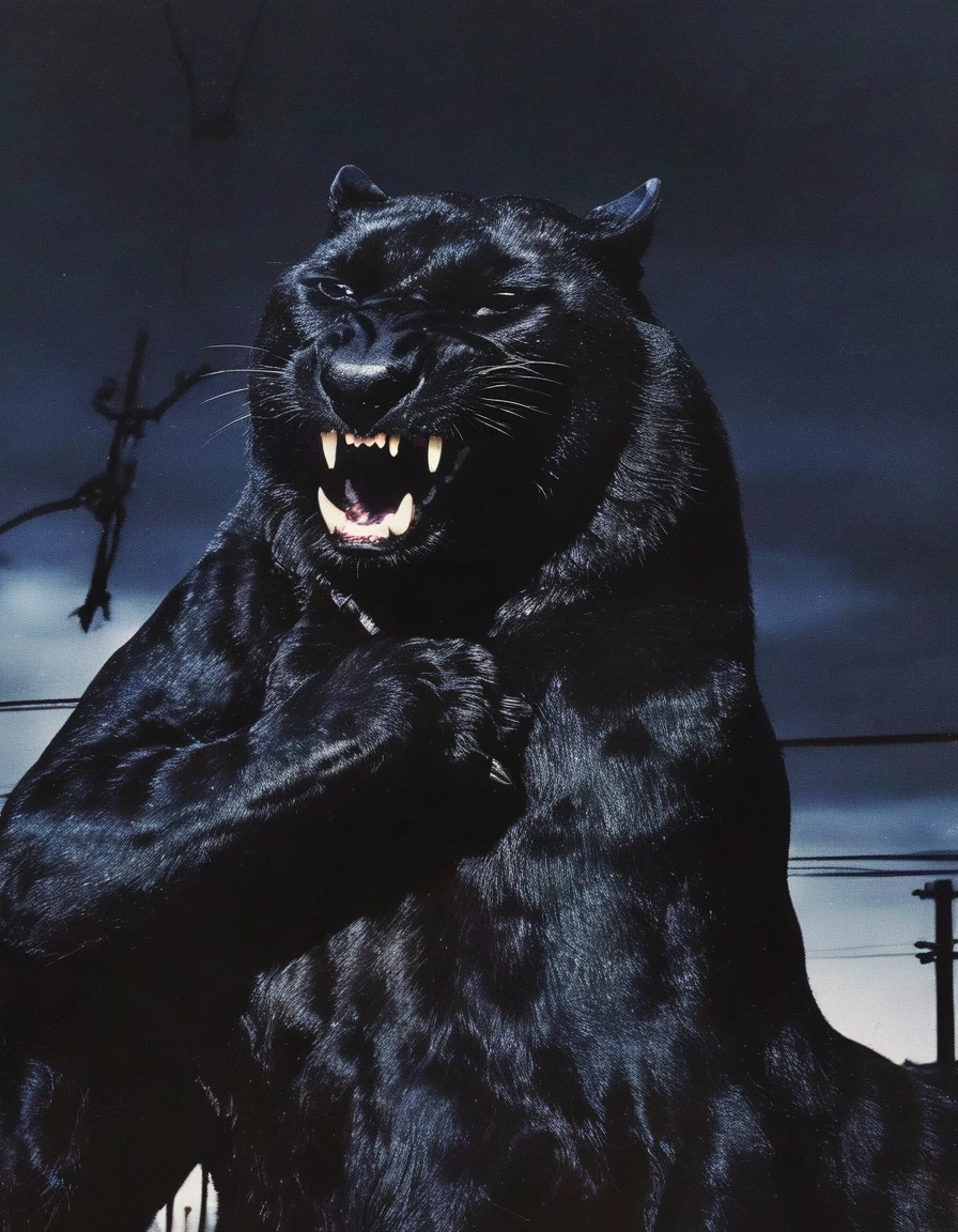 giant black panther sits on electric pole with many electric cables in bangkok at night