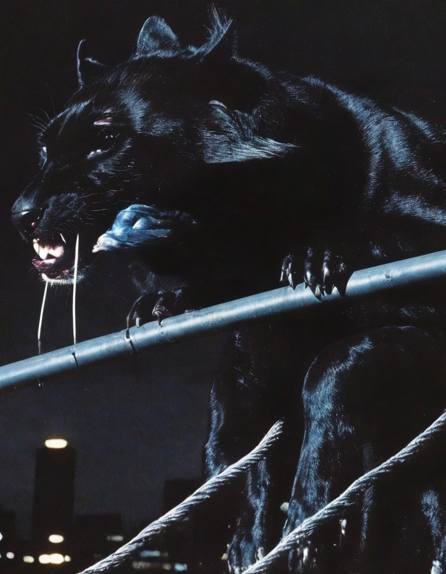 giant black panther sits on electric pole with many electric cables in bangkok at night