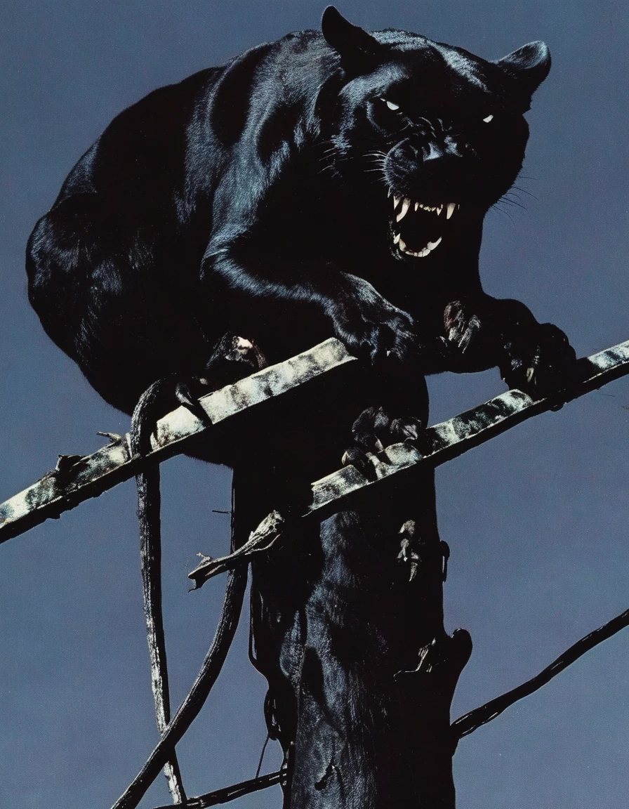 giant black panther sits on electric pole with many electric cables in bangkok at night