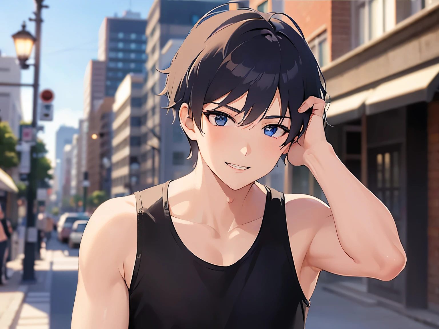 26-year-old male、Black Short Hair、blue eyes、Black tank top、Muscle、Smile、Look away、(one hand on your head:1.5)、Background is a park at midnight、Street lamp、Alone