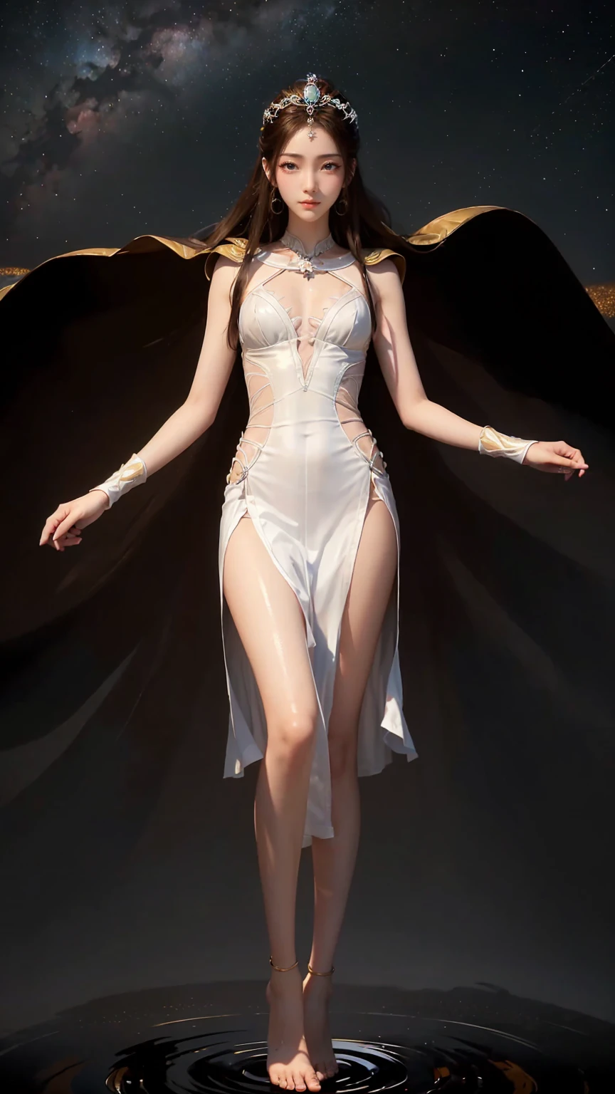 ((Biologically correct number of limbs))、(( Full body image(Including the face)))、4K、masterpiece、((Focus on the face))、((Symmetrical facial features))、The eyes are described in detail、Beautiful woman、Outstanding style、Beautiful arms、Beautiful legs、beautiful hands、(slim)、Facial details、Small earrings、necklace、(white shiny、Shiny dress、barefoot、radiant skin)Smile、(Beautiful legsのアップ)、Sweat,Starry Sky,Starry Sky背景,Deep View,above water
