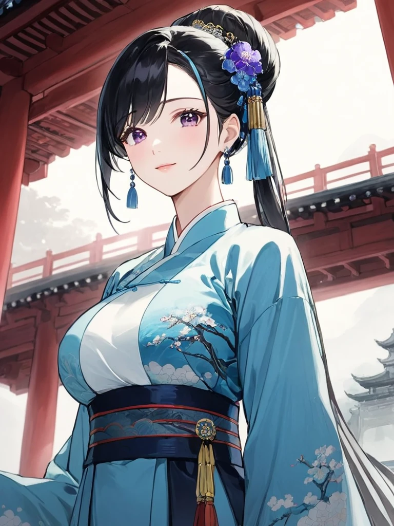 (masterpiece, best quality:1.2), 1 woman, Hanfu, （Dress conservatively：1.3）, (delicate and beautiful face:1.8), mature, laugh, black hair, hairpin, purple eyes, seat, beautiful bridge, (ink stain) beautiful portrait, clothing ink style, traditional china painting, ink bismuth, from below, masterpiece, high details,big medium breasts ,long tassel earrings 