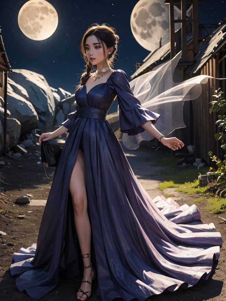 young woman, stands with his back, night, big moon, long dress
