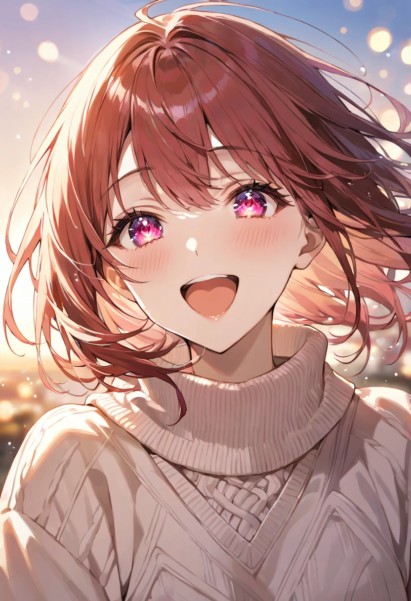 masterpiece, best quality, ultra detailed, sparkling eyes, a girl, cosy sweater on, upper body, (huge Laughing:1.1), (open mouth:1.1), (wide open eyes:1.2), sun glare, bokeh, depth of field, blurry background, light particles, strong wind, (heart particles:1.1)