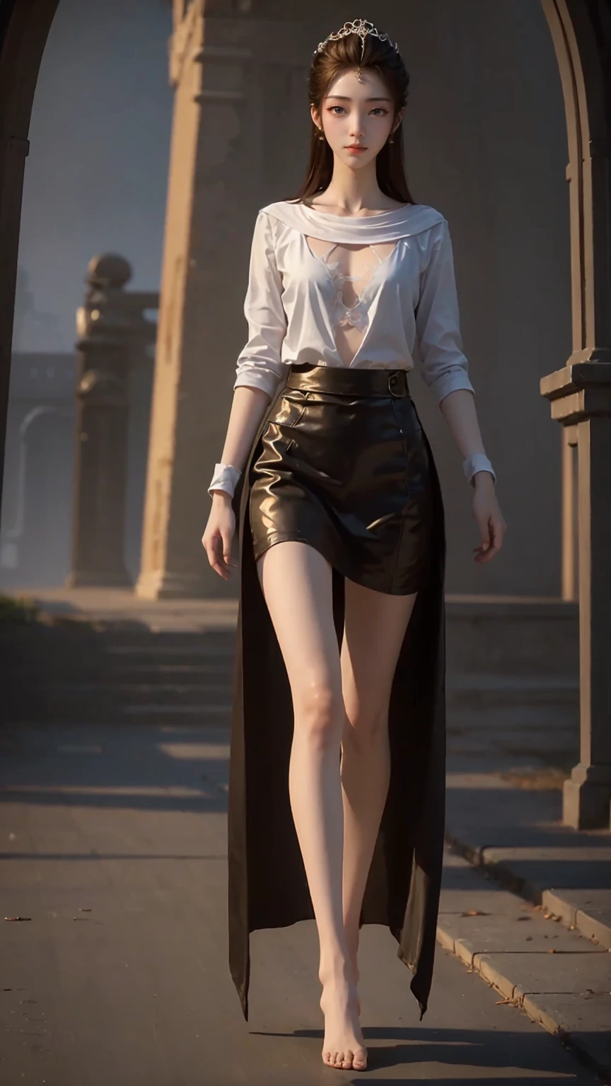 ((Biologically correct number of limbs))、(( Full body illustration from toes to face))、4K、masterpiece、((The eyes are delicately painted、Facial details、Focus on the face))、((Symmetrical, Balanced facial features))、Beautiful woman、Outstanding style、Beautiful clavicle、Beautiful legs、beautiful hands、slim body、(shirt、skirt、barefoot)、look up、High Angle、Background is night city、((Walking posture))