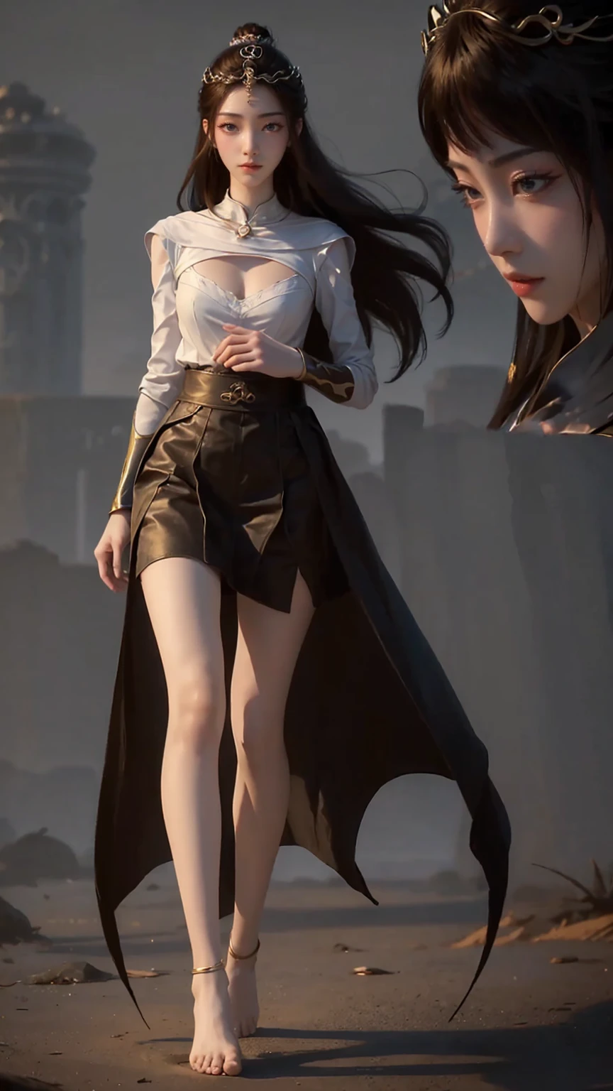 ((Biologically correct number of limbs))、(( Full body illustration from toes to face))、4K、masterpiece、((The eyes are delicately painted、Facial details、Focus on the face))、((Symmetrical, Balanced facial features))、Beautiful woman、Outstanding style、Beautiful clavicle、Beautiful legs、beautiful hands、slim body、(shirt、skirt、barefoot)、look up、High Angle、Background is night city、((Walking posture))