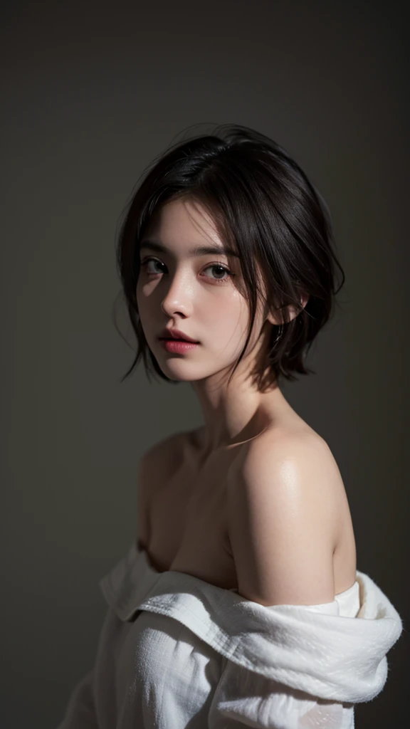 top-quality、masterpiece、超A high resolution、(Photorealsitic:1.5)、Raw foto、1girl in、murky、deep-shadows、Unobtrusive、cold light、sexy appearance、shorth hair、((very_short_hair)), naked portrait, nude photography, shiny nipple, long hairstyle, perfect armpit