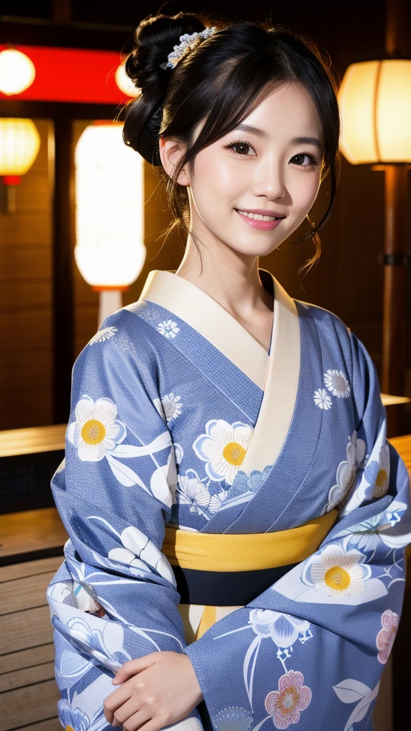 (8K, Realistic, RAW Photos, Highest quality: 1.4, detailed),Japanese idol-style beautiful girl,1 person,18-year-old,(Black Hair),Hair is in a bun,Large, clear grey eyes,Long eyelashes,(piercings(small)),(Lip gloss),lips(Plump,glossy),thin long neck,Thin and delicate shoulders,yukata(Japan Traditional Dresses,Long length,pale colour),Thick obi,Night Festival,Front view,Smiling at the camera,Knee Top Portrait