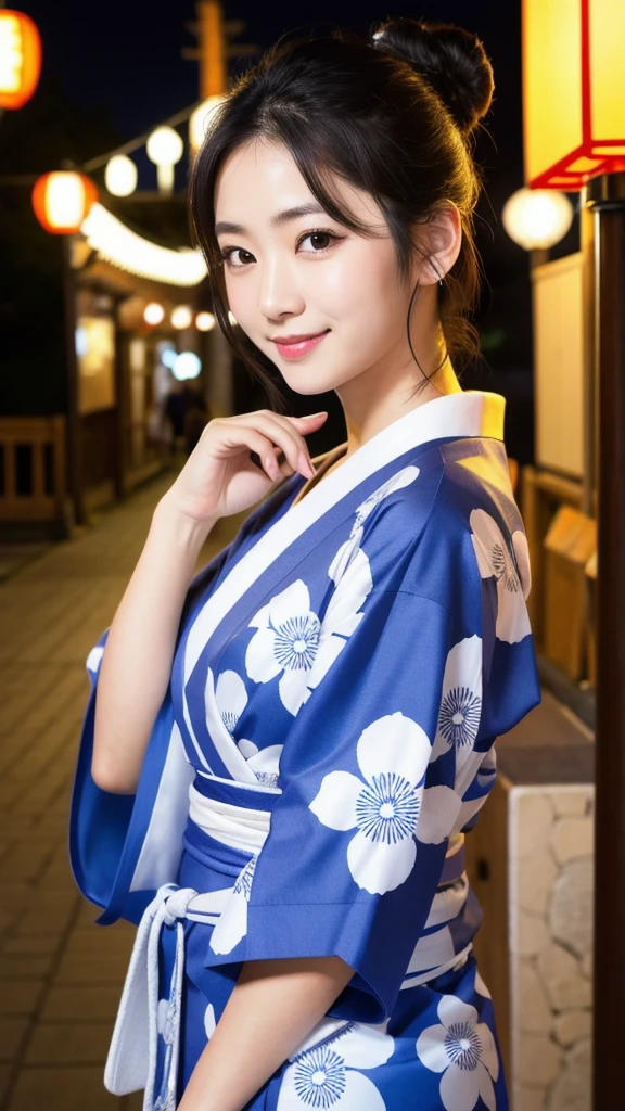 (8K, Realistic, RAW Photos, Highest quality: 1.4, detailed),Japanese idol-style beautiful girl,1 person,18-year-old,(Black Hair),Hair is in a bun,Large, clear grey eyes,Long eyelashes,(piercings(small)),(Lip gloss),lips(Plump,glossy),thin long neck,Thin and delicate shoulders,yukata(Japan Traditional Dresses,Long length,pale colour),Thick obi,Night Festival,Front view,Smiling at the camera,Knee Top Portrait