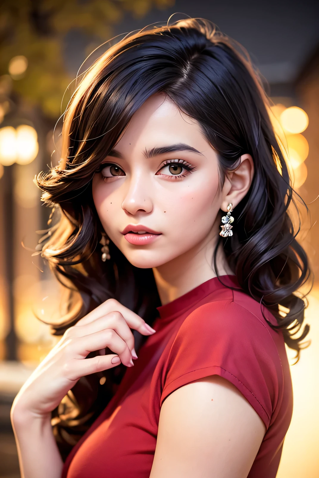 Young Indian, Instagram influencer, red top , garden, night, detailed body, detailed face, ultra realistic, charming, cute, big hazel eyes with long curly hair, perfect fingers, ambient lighting, winter, detailed background, 8k, face shot