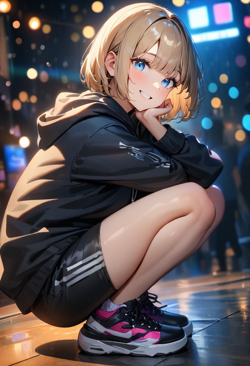 (((One girl))), Shibuya, street, blond hair, bob cut, (looking at viewer), (((full body))), squatting, spread legs, head rest, breasts, teenager, head tilt:1.3, (((blue eye))), constricted pupils, (from side:1.3), ((happy smile)), (((black hoodie:1.3, black shorts:1.3))), bare legs, ((black platform high cut sneakers)), anime style, (best quality, 4k, 8k, highres, masterpiece:1.2, ultra-detailed, ultra-detailed eyes, HDR, UHD, studio lighting, ultra-fine painting, sharp focus, physically-based rendering, extreme detail description, professional, vivid colors, bokeh)