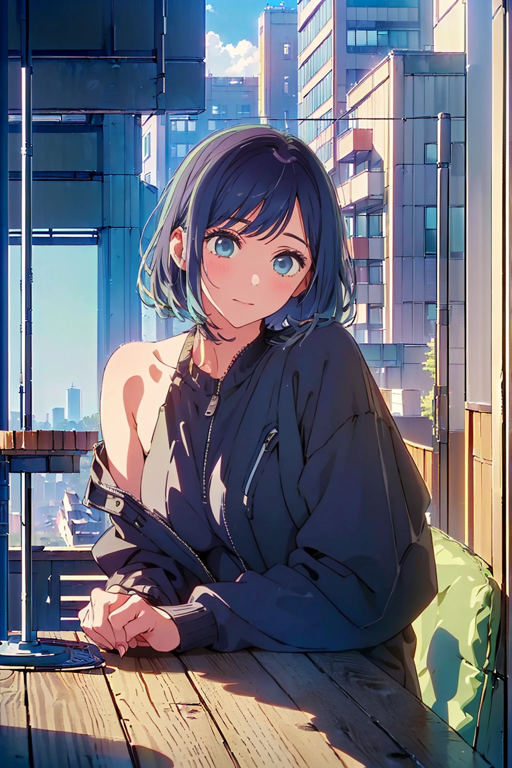 (Highest quality:1.4、masterpiece:1.4、Super detailed:1.4、Ultra-high resolution:1.4、8K:1.4)、Slim body、Big Breasts、((((1 person、Surprised expression、sit、Chair、In the background are the urban buildings of Tokyo、looking at the camera、Outdoor café terrace、juice、table、Get up close and take a photo、Shooting from an angle、Very cute face))))、((((nude、very beautiful areola))))、(Pose with hands tucked behind ears:1.4、Cheek resting on hand:1.4)、(((Take off your black off-the-shoulder zippered jacket)))、Very blue sky、A completely cloudless sky