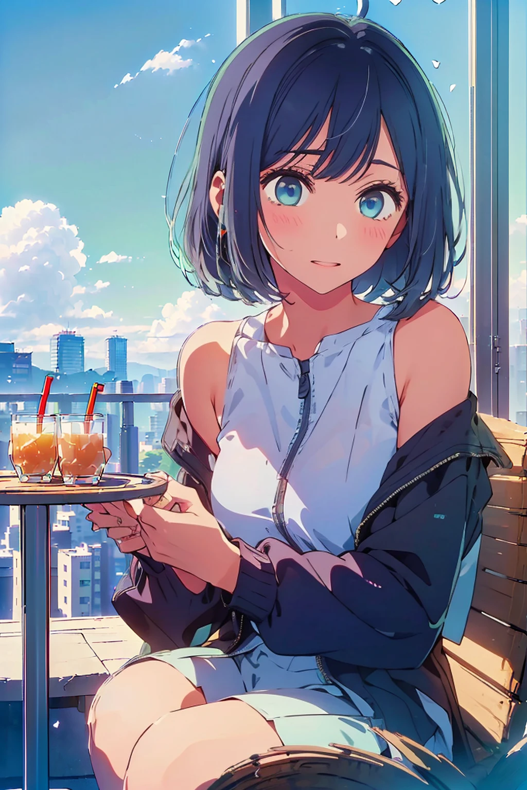 (Highest quality:1.4、masterpiece:1.4、Super detailed:1.4、Ultra-high resolution:1.4、8K:1.4)、Slim body、Big Breasts、((((1 person、Surprised expression、sit、Chair、In the background are the urban buildings of Tokyo、looking at the camera、Outdoor café terrace、juice、table、Get up close and take a photo、Shooting from an angle、Very cute face))))、((((nude、very beautiful areola))))、(Pose with hands tucked behind ears:1.4、Cheek resting on hand:1.4)、(((Take off your black off-the-shoulder zippered jacket)))、Very blue sky、A completely cloudless sky