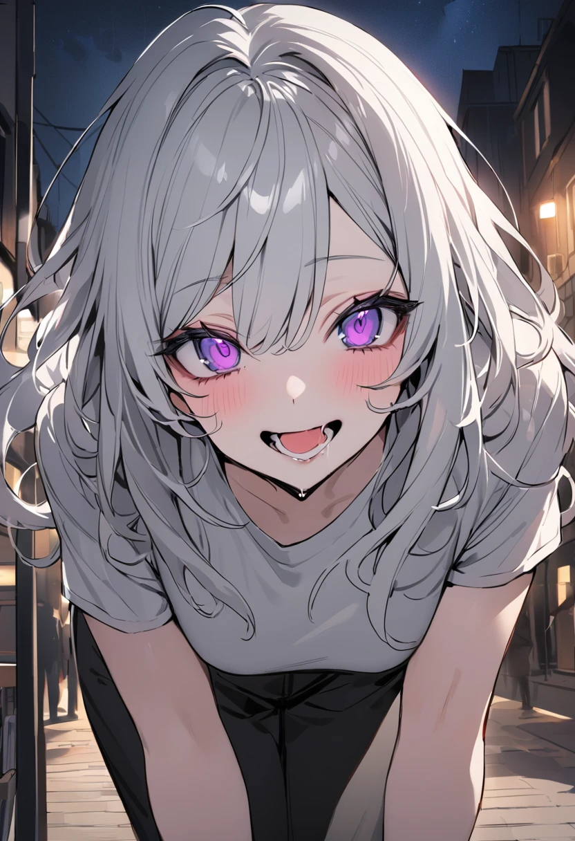 (masterpiece:1.2)、Highest quality、PIXIV、Rebellious girl、One girl、Open your mouth、鋭いteeth、teeth、Long Hair、Street background、Bright purple eyes、eyelash、Upper Body、Characters in clothes、smile、Focus on the viewer、Chest in the center、Black and white hair color,leaning forward,Night view,Black and white grey outfit,Overflowing drool、saliva、White Breath、Sigh、An excited look、Long, narrow eyes,fallatio、A world in black and white、Pull your mouth with your fingers