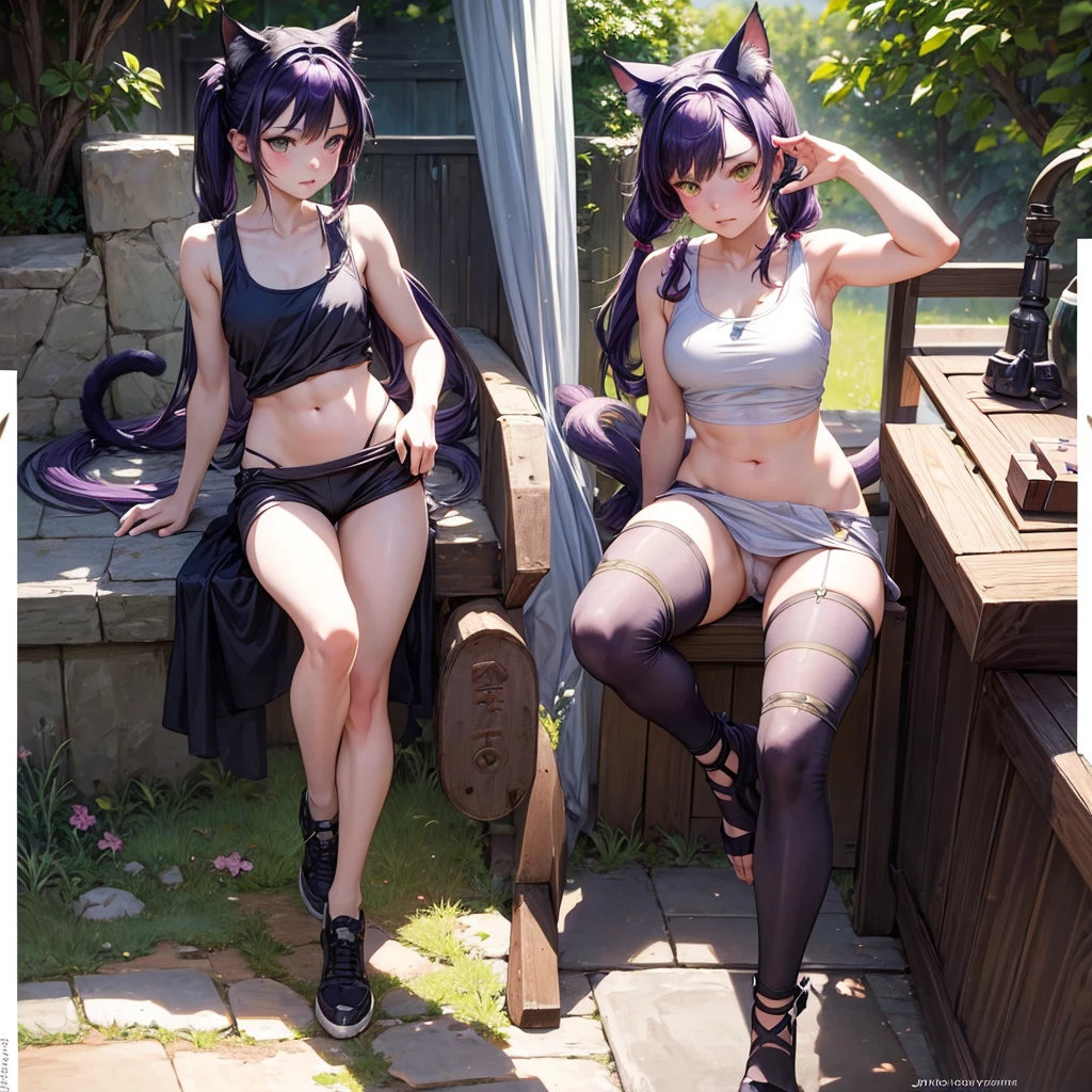 Cat ear, alone, Jeremy Lipking, William Bouguereau, (Alphonse Mucha:0.5), By d-art , SFW Purple Hair Girl, Cat ears and tail, Wearing a tank top and racing pants. body type Twin tails Female genitalia is visible Detailed depiction of female genitalia Flat Chest Stern expression Spread your legs